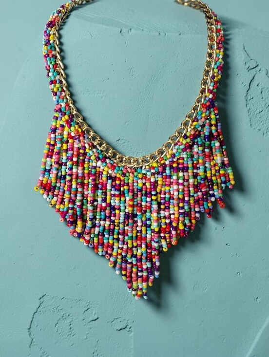 Jewelry - Gold-Chain Multicolor Seed-Bead Fringe Necklace